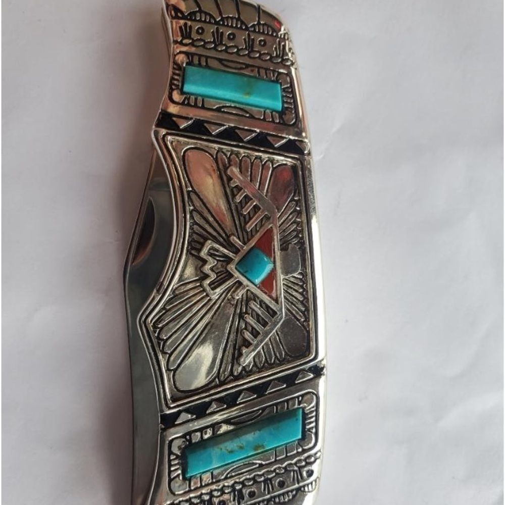 Franklin Mint Collector Mexican Aztec Turquoise Eagle Folding Dagger Kni…